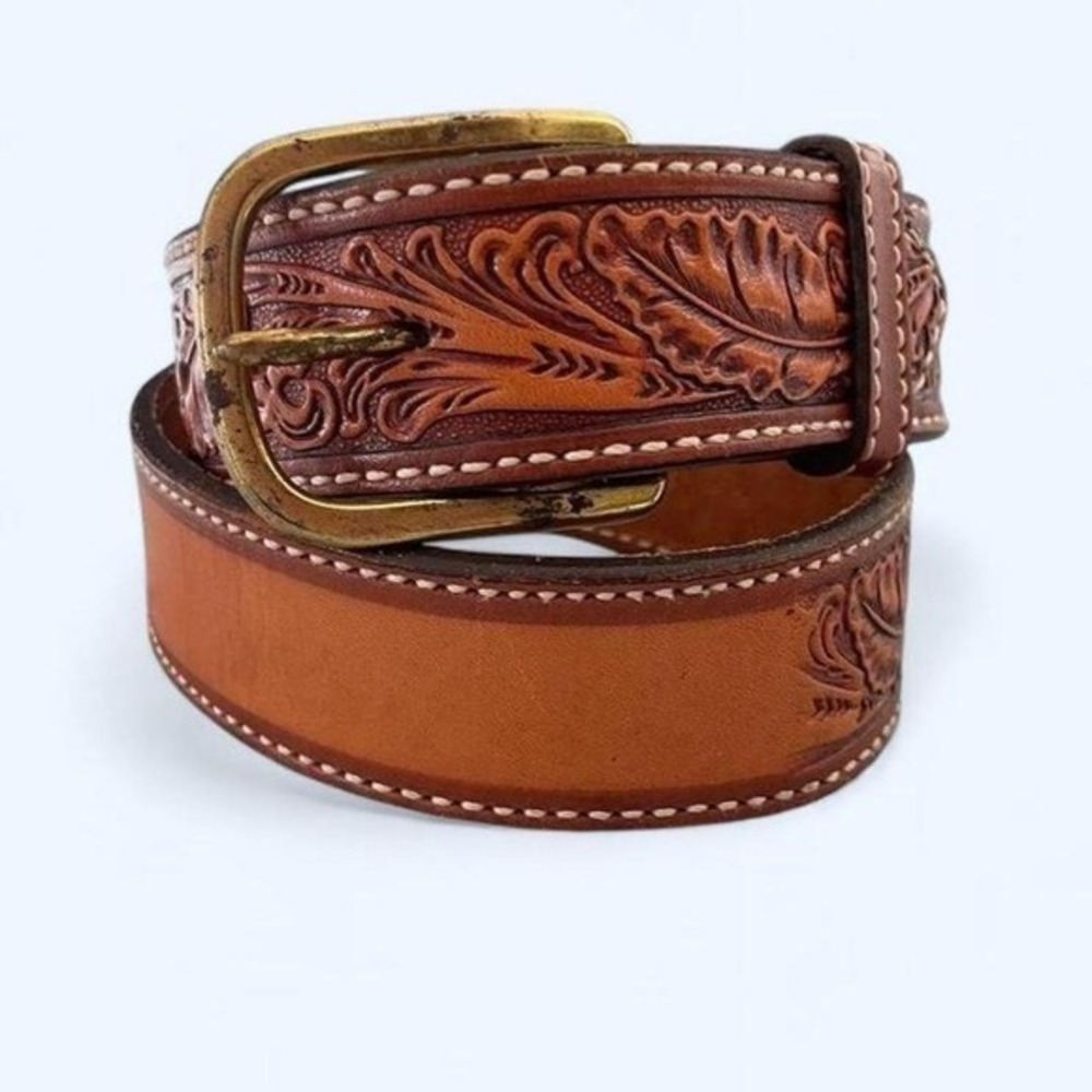 Circle Y Kids Brown Floral Tooled Leather Western Belt Size 28 Brass Buckle